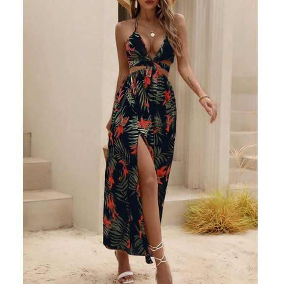 Black Tropical print Maxi dress with thigh slit - Picture 5 of 7
